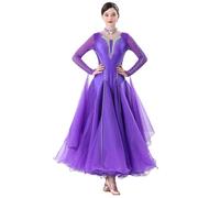 Hynyjxjy Viola,M, Vestiti da Competizione da Sala da Ballo da Donna Costumi da Ballo da Valzer con Scollo A V Abiti da Ballo da Flamenco A Maniche Lunghe Abito da Ballo da Salsa con Strass