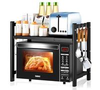 HYOJCWU Mensola espandibile a 2 livelli, per microonde, per cucina, con 6 ganci, flessibile, allungabile da 40 a 64 cm, organizer da cucina, colore nero