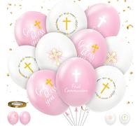 HYOWCHI 48 palloncini decorativi per la prima comunione per ragazza, rosa Dio benedica il battesimo, in lattice con croci dorate, per battesimi, battesimi religiosi