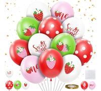 HYOWCHI Set di 48 palloncini decorativi per il primo compleanno, a forma di fragola, rosso, rosa, verde, bianco, usa e getta, stampa fragola, bacche, primo compleanno, forniture per feste di