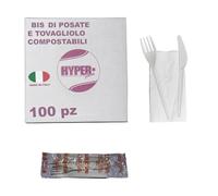 HYPER form Set Posate Biodegradabili e Compostabili con Forchetta e Coltello, imbustato singolarmente con Tovagliolo, Bis 100 Pezzi, Made in Italy (100)