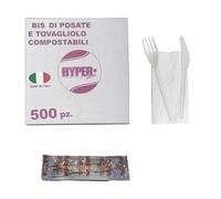 HYPER form Set Posate Biodegradabili e Compostabili con Forchetta e Coltello, imbustato singolarmente con Tovagliolo, Bis 500 Pezzi, Made in Italy (500)