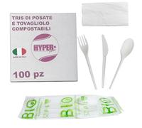 HYPER form Set Posate Biodegradabili e Compostabili Tris Forchetta Coltello Cucchiaio e Tovagliolo 100 Pezzi