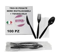 HYPER form Set Posate Riutilizzabili Nere (5gr), Tris "Forchetta Coltello Cucchiaio Tovagliolo" (100)