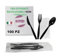 HYPER form Set Posate Riutilizzabili Nere (5gr), Tris "Forchetta Coltello Cucchiaio Tovagliolo" (100)