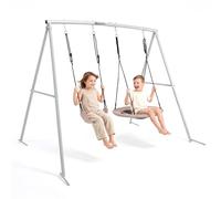 HyperMotion Altalena Doppia da Giardino con Nido e Seduta Classica, Acciaio, Tessuto Oxford, PE, PP, EPE, Grigio/Beige, 235x172x183 cm