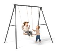 HyperMotion Doppia altalena da giardino per bambini, con regolazione in altezza, due posti, stabile struttura in acciaio, ancoraggio a terra, beige, per giardino