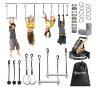 HyperMotion Percorso Ostacoli Bambini Ninja con 7 Elementi - Set Slackline 15m con Aste, Ruote e Pugni di Scimmia - Kit Allenamento Giardino per Arrampicata ed Equilibrio - Portata 113 kg