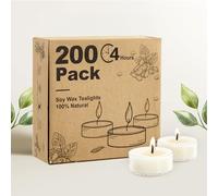 Hypmis Candele Tealight in Cera di Soia Naturale, 200 Pezzi, 4 Ore di Combustione, Bianche Non Profumate, Senza Fumo né Fuliggine - Natale, Matrimonio, Atmosfera Accogliente