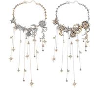 HYPYXUS Collana con nappe con pendente multiplo e stelle Sun Moon, pendente con frange pentagramma a forma di mezzaluna, strass, cascata di cristallo, gioielli vintage per le donne (2PcsA)