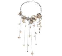 HYPYXUS Collana con nappe con pendente multiplo e stelle Sun Moon, pendente con frange pentagramma a forma di mezzaluna, strass, cascata di cristallo, gioielli vintage per le donne (Silver)