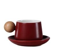 HYQOUKLR tazza e piattino di porcellana, tazza da caffè taz Set di tazze e piattini in ceramica con manico a sfera in legno, design creativo for bere il caffè(Red)