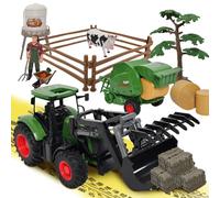 Hyrenee Fattoria trattore giocattolo con balle ciondolo da fieno, fienile, contadino, mucca, attrezzi da fattoria, albero per bambini bambino bambino ragazzi ragazze età 3-7 anni