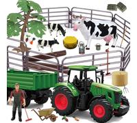Hyrenee Giocattoli della fattoria Playset trattore con rimorchio 1/24 scala veicoli con mucca agricoltore balla erba tronco fattoria strumento per ragazzi ragazze bambini Toodlers età 3-7 anni
