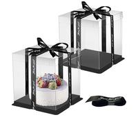 HYRYC Scatola per Torta Trasparente Alta Cake Box Scatole per Torte Plastica 21 x 21 x 24cm 6 Pollici Scatola Torta Trasparente con Nastro per Dessert per Imballaggio da Forno 2pcs (Nero, 6 pollici)