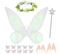 Hysagtek 17 pezzi fata ali cosplay accessori per ragazze e donne, ali di farfalla scintillanti con orecchie da elfo, corona, asta, fermagli per capelli per Halloween in maschera, feste di compleanno