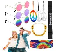 Hysagtek Hippie Costume Set Retrò 9 Pezzi Set di Costume Hippie Accessori Stile Vintage Anni 60'70' Accessori Per Adulti Uomini Donne