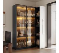HYSZ Armadio moderno multifunzione 110,5 × 35 × 160 cm - Mobile alto bianco e nero con porta in vetro, illuminazione a LED, apertura laterale e rotelle, ideale come vetrina, libreria, armadietto da
