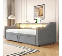 HYSZ Divano letto, letto estraibile, letto imbottito, divano letto estraibile 90/180 x 190 cm, vano portaoggetti multifunzione, luce LED e presa USB, con rete a doghe, grigio chiaro
