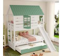 HYSZ Lettino a castello, 90 x 200 cm, con scivolo e letto pieghevole estraibile, bianco + verde, lettino da gioco rialzato, versatile