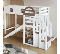 HYSZ Lettino in legno, letto a castello, finestra, con scivolo per bambini, scale con corrimano, con 2 armadietti nelle scale, design versatile, in pino+MDF, bianco+marrone, 90 x 200 cm