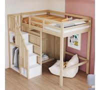HYSZ Lettino in legno, letto a soppalco, 90 x 200 cm, con scala di sicurezza, con armadio, letto singolo, letto per bambini, telaio in legno massello, colore legno originale