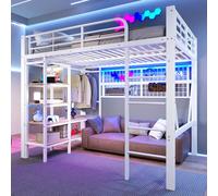 HYSZ Letto a castello con scale, 140 x 200 cm, telaio in ferro, vano portaoggetti, con asta appendiabiti, con striscia luminosa a LED, bianco