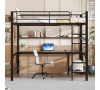 HYSZ Letto a castello, letto a castello, 140 x 200 cm, ringhiera, scala a pioli, con USB e presa, con luci a LED, scrivania, scaffale a più piani, senza materasso, metallo, nero