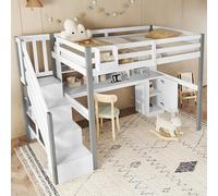 HYSZ Letto a mezza altezza, con contenitore in tessuto, ampio spazio di archiviazione, con scala laterale, ripiano aperto, letto per ragazzi con scrivania e armadietti, pino+MDF, bianco+grigio, 90 x