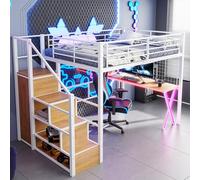 HYSZ Letto a soppalco, letto matrimoniale, 140 x 200 cm, luce ambiente telecomandata, scala, scrivania, armadio, scaffale, senza materasso, bianco