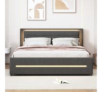 HYSZ Letto imbottito 160 x 200 con illuminazione a LED che cambia colore, con quattro ripiani, tessuto di lino, doppio piano con rete a doghe, grigio (materasso non incluso)