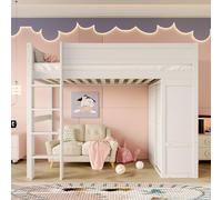 HYSZ Letto in legno, letto a castello, letto per ragazzi, 90 x 200 cm, letto a soppalco, versatile, dotato di armadio, vano portaoggetti, spazio sotto il letto, senza materasso, legno di pino, bianco