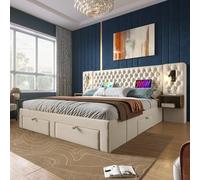 HYSZ Set completo, con 2 comodini e 4 cassetti, testiera con funzione di ricarica USB, beige, velluto, 160 x 200 cm (con materasso)