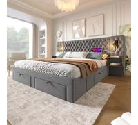 HYSZ Set completo, con 2 comodini e 4 cassetti, testiera con funzione di ricarica USB, grigio, velluto, 180 x 200 cm (senza materasso)