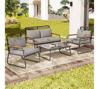 HYSZ Set salotto da giardino per 4 persone, con struttura in ferro zincato, piano in vetro temperato, gambe regolabili, incluso tutto il cuscino per seduta e schienale, grigio