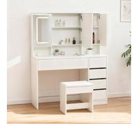 HYSZ Tavolo da toeletta con specchio a LED e sgabello, moderno tavolo cosmetico con illuminazione e cassetti, tavolo da trucco bianco per camera da letto e spogliatoio