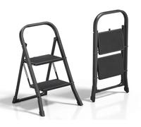 HYTAMA TOOLS Scala Scaletta 2 Gradini Pieghevole Black Mini, Nero con Piedini Antiscivolo, Struttura in Acciaio, Leggera, Multiuso, Certificata EN14183 Portata 150Kg