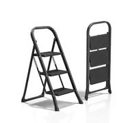 HYTAMA TOOLS Scala Scaletta 3 Gradini Pieghevole Black Mini, Nero con Piedini Antiscivolo, Struttura in Acciaio, Leggera, Multiuso, Certificata EN14183 Portata 150Kg