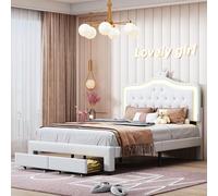 HYTKKBD Lettino per bambini a corona 140 x 200 cm, con illuminazione a LED e cassetti, letto regolabile in altezza, con testiera e rete a doghe per camera delle ragazze (beige+PU, 140 x 200)