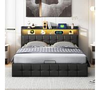 HYTKKBD Letto Imbottito 160 x 200 cm, Struttura per Letto Matrimoniale con LED e USB, Testiera con Vano Portaoggetti, Rete a Doghe, Contenitore per Letto Elevatore, Senza Materasso (PU nero)