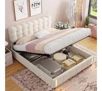 HYTKKBD Letto Imbottito Matrimoniale 140x200, Letto Matrimoniale con Contenitore, Illuminazione LED a Sensore, Struttura a Doghe Imbottita, Letto Baule Moderni, Velluto Beige