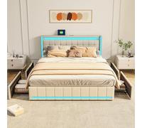HYTKKBD Letto Matrimoniale Imbottito, 160 x 200 cm, Letto Matrimoniale con 4 Cassetti Contenitore, Letti Imbottito con LED e Funzione USB, Rete a Doghe, Senza Materasso, Lino beige