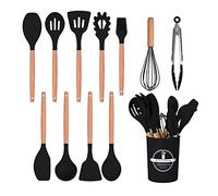 HYTTER 12 utensili da cucina in silicone con manico in legno, resistenti al calore, antiaderenti, spatola, cucchiaio, lavabili in lavastoviglie, migliori utensili da cucina (Nero)