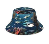 HYTTER Cappello alla pescatora riflettente con stampa di squali sotto il mare, elegante e protetto, unisex, per attività all'aperto, nero