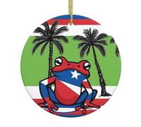 HYTTER Ciondolo rotondo in ceramica con bandiera del Porto Rico, palme e rana, 7,4 cm, dotato di una resistente corda metallica dorata per appenderlo facilmente agli alberi di Natale