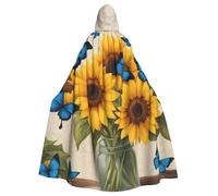 HYTTER Girasoli gialli con farfalle blu stampe Halloween poncho con cappuccio adulti mantello decorazione feste feste Mardi Gras costume facile da pulire durevole
