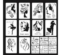 HyzaPhix 16Pezzi Stencil Donna e Corsivo Ispiratori Di Parole, Fiori Volto Femminile Pittura Stencil Kit, Disegno Stencil per Pavimenti, Finestre, Mobili, Legno, Design a Parete (16pcs)