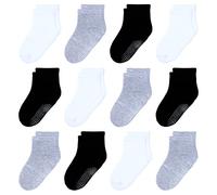 HYzgb Calzini per bambini Ragazzi 3 anni 4 anni 5 anni 12 paia di calzini antiscivolo per bambini Calzini per bambini in cotone con impugnatura regalo di compleanno per ragazzi Nero/Bianco/Grigio