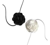 HZAOPZE 2 PCS Collana Fiori Donna Collana di Fiori a Rosa Catena Regolabile in Tessuto Collana di Velluto con Fiore per Donne Ragazze Sposa Festa di Compleanno Compleanno(Bianco e Nero)