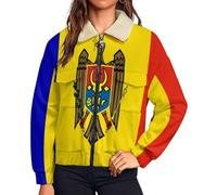 HZCRAES Giacca Pile Donna Bandiera Moldava Oversize Giacche Con Zip Invernale Strisce Patriottiche Giacca Da Camera Giallo Senape Teddy Comodo Giubbino Trekking Manica Lunga Giubbotto Casa Caldo